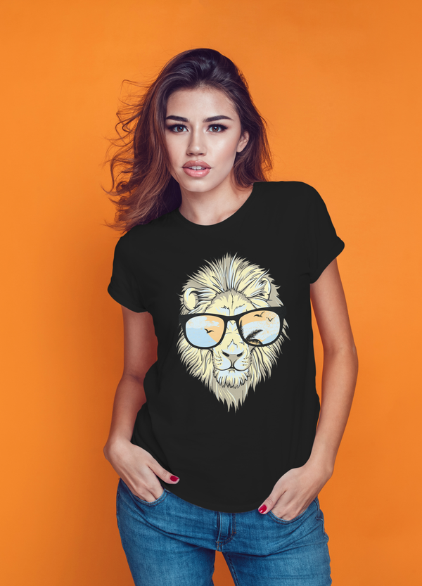 Lion With Glasses T-shirts design for Women Black